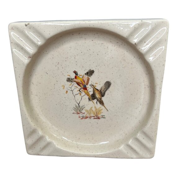 Vintage Mid Century Hyalyn Pottery Square Ashtray 7” SQ Pheasants In Flight USA - Picture 1 of 9